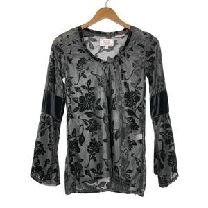 Panhandle | Black Sheer Velour Floral Print V-neck Long Bell Sleeve Top